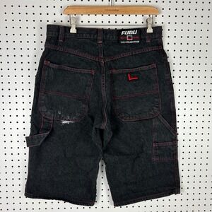 FUBU The Collection Sz 34 Vintage Black Denim Carpenter Shorts Red Stitched Goth